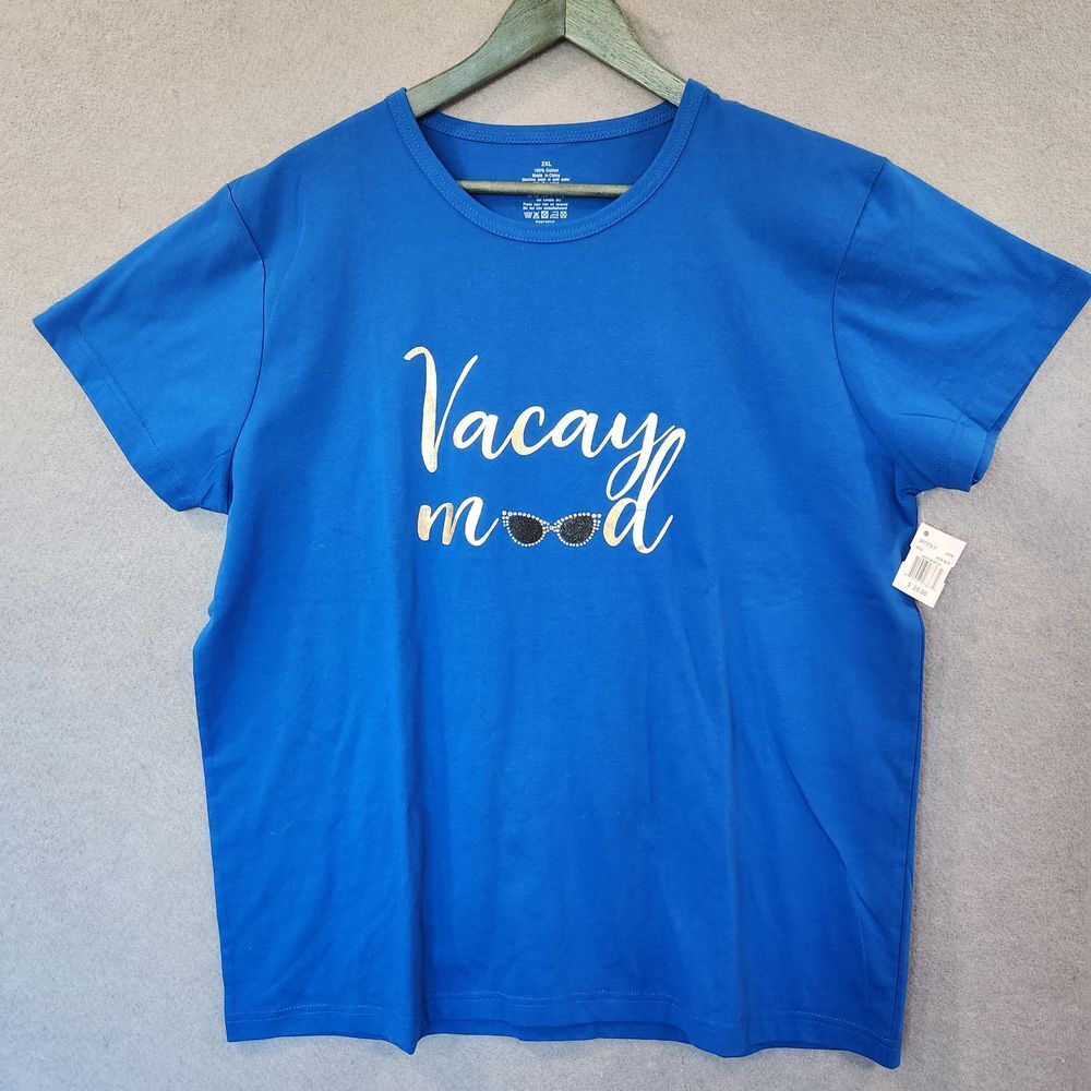 NWT Vacay Mood T-shirt Womens Blue Sunglasses 2XL Short Sleeve Vacation Relax